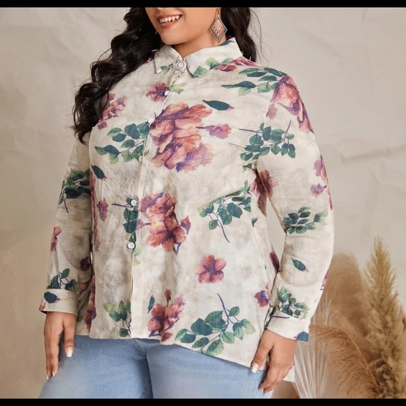100% Linen Floral Blouse NEW 20 4X 4XL Watercolor Long Sleeve Button-up Collar - Picture 4 of 7